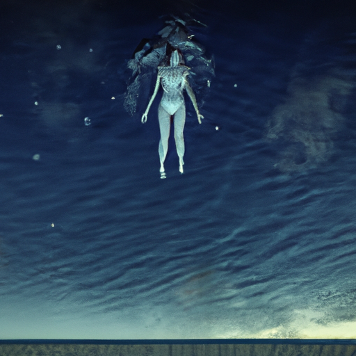 realistic scene, overhead view of woman floating atop calm pool of water, next to ocean and beach, gazing up at stars, night time scene, high definition, defined