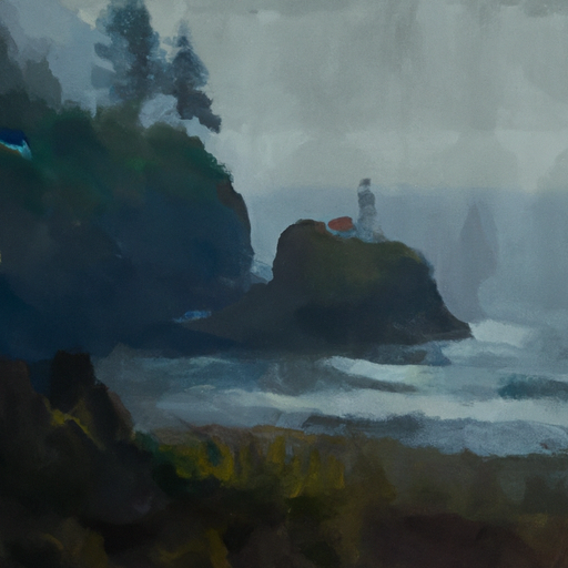 Create a foggy, moody painting of the Oregon coast on a rainy day. Use a mix of blues, greys, and greens to capture the misty atmosphere. Include a rocky shoreline, a few trees, and a lighthouse in the background. Make sure to include a few raindrops in the painting to emphasize the wet weather. Art style: Impressionism.