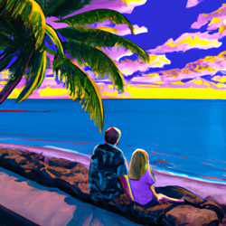 Picture of Dad and daughter sitting on a beach wall looking at the ocean in Hawaii. There is a palm tree. They are both blonde. The sunset is colorful, with pinks and oranges, the ocean is aquamarine color and calm. The mood is loving and nostalgic. In the Style of Robert Wyland.