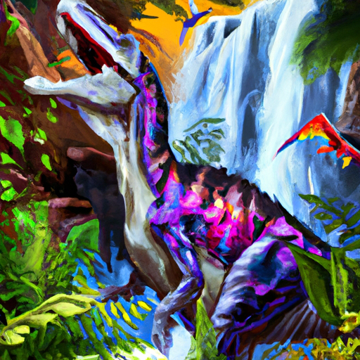 Create a painting of a dinosaur in a lush, vibrant jungle. Use bright colors and a mix of abstract and realistic elements to bring the scene to life. Include a waterfall in the background and a few tropical plants in the foreground. Art style: Impressionism.