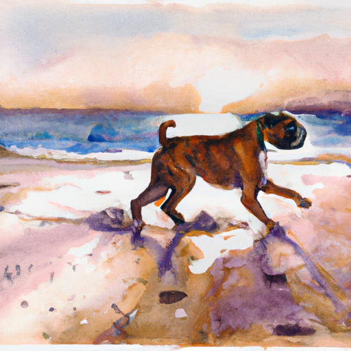 A boxer dog running along the Oregon coast, its fur blowing in the salty sea breeze. Its tongue lolling out of its mouth, its tail wagging in joy. A beautiful watercolor painting of the scene, with the sun setting in the background. #watercolor