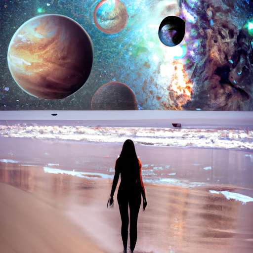 A woman walking on a beach, with a galactic sky above her like from the movie 