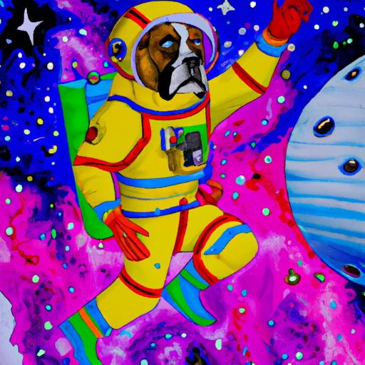 Create a painting of a boxer dog in space, wearing a space suit and floating among the stars. Make it a surrealist painting with bright colors and bold lines.