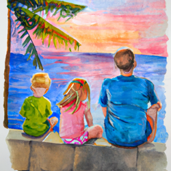 Create a watercolor painting of a Dad, daughter and two sons. They are sitting on a beach wall looking at the ocean in Hawaii. There is a palm tree. They are both blonde. The sunset is colorful, with pinks and oranges, the ocean is aquamarine color and calm. The mood is loving and nostalgic.