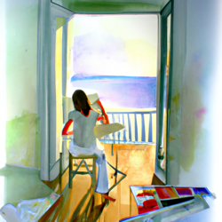 top floor of house, woman sitting on a stool, painting on a large canvas. Big french double doors open up to a deck overlooking the ocean. The mood is light and airy, watercolor painting