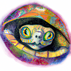 turtle, psychedelic, wide eyes, staring out at space, futuristic, watercolor painting