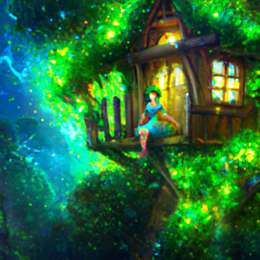 Create a high-def, 4K, digital art piece of an enchanted forest with a treehouse cottage in many thick, green, pine trees. The night sky should be filled with green and blue neon aurora borealis and stars, the trees should be lush and green. A fairy stares at you from her porch in her hidden house in a tree.