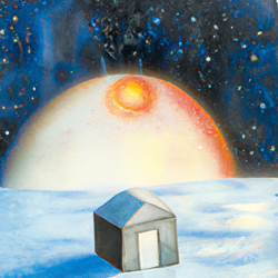 Create a surrealist painting of an ice house in space, with a starry night sky and a distant planet in the background.