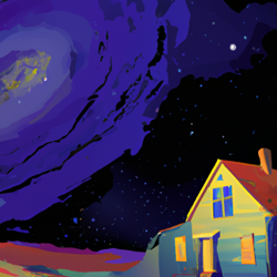 house in space, 8k resolution, ultra hd, vector graphics, landscapes, digital painting, panoramic, mysterious, Vincent van gogh