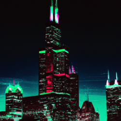 chicago downtown including sears tower in the stycle of reture future cyberpunk with a neon color scheme