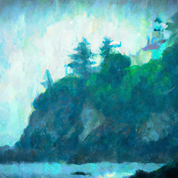 Create a foggy, moody painting of the Oregon coast on a rainy day. Use a mix of blues, greys, and greens to capture the misty atmosphere. Include a rocky shoreline, a few trees, and a lighthouse in the background. Make sure to include a few raindrops in the painting to emphasize the wet weather. Art style: Impressionism.