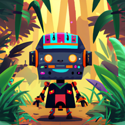 Cute, colorful robot on safari, digital art