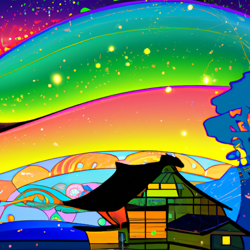 Create a Japanese Ukiyo-e style 8K resolution, anti-aliased, high dynamic range (HDR) and ultra HD vector graphic of a whimsical, serene, and panoramic landscape with a house underneath the stars, inspired by the art of Katsushika Hokusai, with vibrant colors.