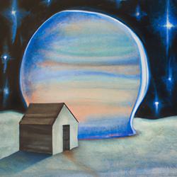 Create a surrealist painting of an ice house in space, with a starry night sky and a distant planet in the background.