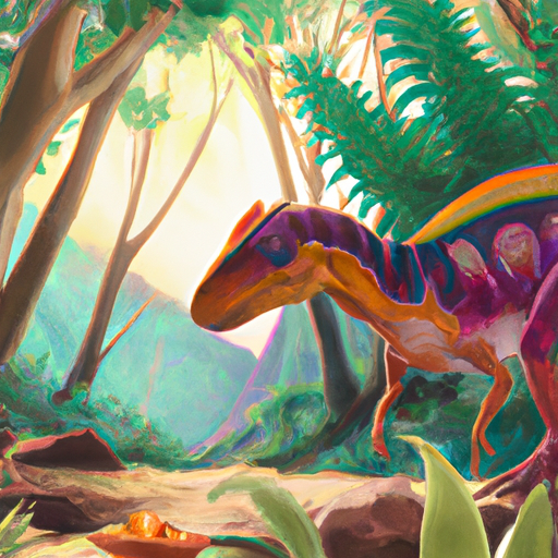 colorful dinosaur in the jungle, surrealism, realistic, digital art
