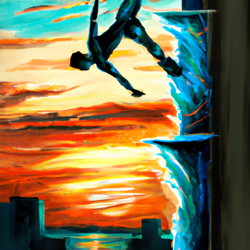 Draw a surrealist painting of a parkour athlete performing a daring stunt on a high-rise building, with water cascading down the sides and a gnarly, vivid sunset in the background. The athlete should be in a flying pose, as if they are defying gravity.