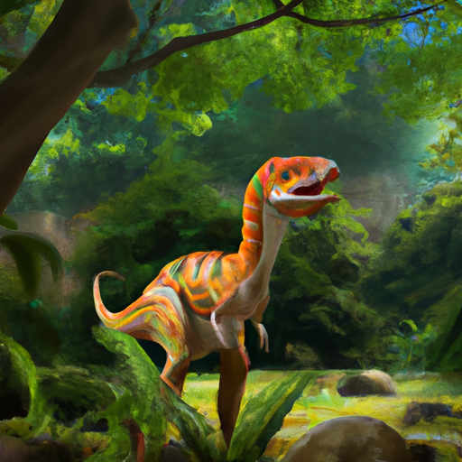 Create a surrealistic digital artwork of a realistic, colorful dinosaur in a lush jungle.