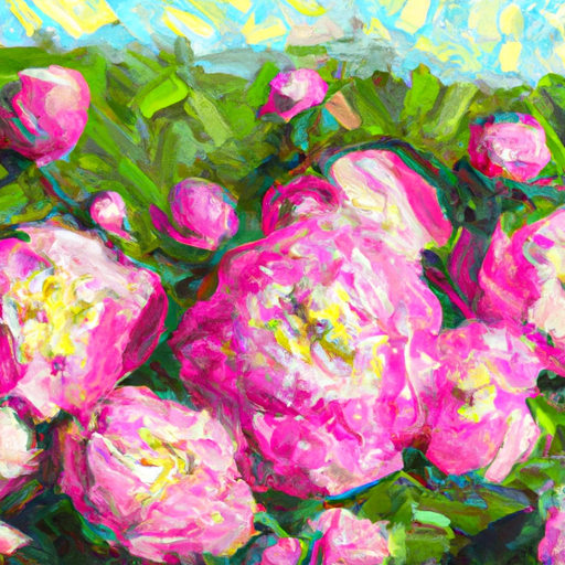 Create a painting of a garden in spring, with peonies blooming and a style reminiscent of Van Gogh. Use bright colors and thick brush strokes to capture the beauty of the blooming flowers.