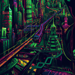 retro future neon city with detailed surroundings based on chicago