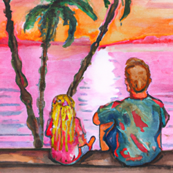 Create a watercolor painting of a Dad and daughter sitting on a beach wall looking at the ocean in Hawaii. There is a palm tree. They are both blonde. The sunset is colorful, with pinks and oranges, the ocean is aquamarine color and calm. The mood is loving and nostalgic.