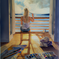 watercolor painting, top floor of house, blonde woman sitting on a stool, painting on a large canvas. She is surrounded by paints and brushes. Big french double doors open up to a deck overlooking the ocean. The mood is light and airy, watercolor painting