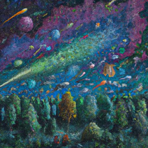 A forest floating in the vastness of space, illuminated by stars and galaxies. A surreal, dreamlike painting in the style of surrealism