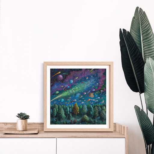 A forest floating in the vastness of space, illuminated by stars and galaxies. A surreal, dreamlike painting in the style of surrealism