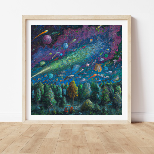 A forest floating in the vastness of space, illuminated by stars and galaxies. A surreal, dreamlike painting in the style of surrealism