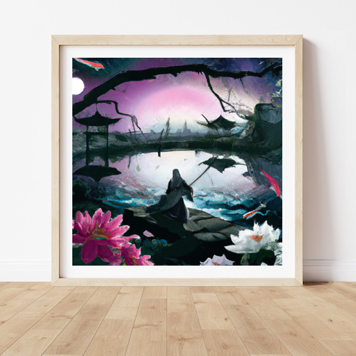 Envision an awe-inspiring Renaissance-style painting commanding gravitas in an art museum. The scene unfolds a fierce samurai warrior, under a cherry blossom tree cloaked in blush-pink blooms. He's poised holding a finely engraved katana, imbued with an ethereal glow, mirrored on a tranquil koi pond, beneath a moonlit night.