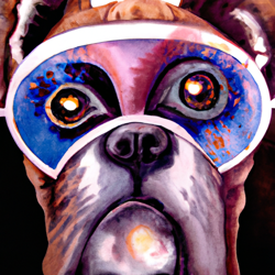 Hipster boxer dog, psychedelic, wide eyes, staring out at space, futuristic, high angle, defined eyes, watercolor painting

