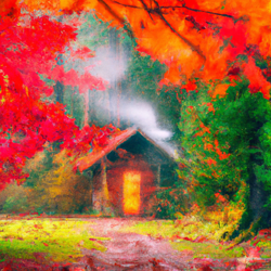 Envision an impressionist masterpiece that illuminates an isolated, rustic cabin, ensconced in the heart of an enchanting Oregon forest. The dwelling is shrouded in spectral fog, tenderly kissed by the ascendant sun at dawn. As the au courant autumn morning unfolds, leaves transform into an exploding tableau of burning oranges, deep reds, and shiny golds. Convey majestically the ethereal dance of the fog, sunlight, and fiery foliage.