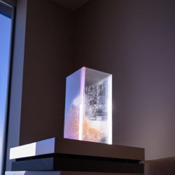 A partially transparent celestial supernova explosion with dimmed, muted colors, encased in a tall but thin rectangular glass box, in a densely furnished, upscale modern apartment with a thick white carpet, luxury furniture visible in background, natural overcast lighting from window, shot on a Nikon d7500