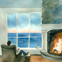 Cozy fireplace in front of large ceiling to floor windows, in a big house on a cliff overlooking the ocean. Evening time, cozy feeling, person sitting in big, comfy chair holding cup of tea, watercolor painting