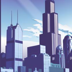 chicago downtown including sears tower in the style of retro future 