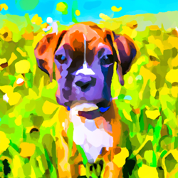 Create a painting of a cute puppy outside in a field of wildflowers. The puppy should be a boxer with a big, floppy ears and a bright, happy expression. The background should be a bright, sunny day with a light breeze blowing through the wildflowers. Use a watercolor art style to capture the beauty of the scene.