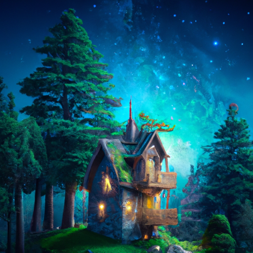 Create a high-def digital art piece of an enchanted forest with a treehouse cottage nestled in many pine trees. The night sky should be filled with twinkle lights and stars, and the trees should be lush and green. Make it look like a magical fantasy scene!