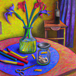 digital painting, vibrant colors, surrealism, henri matisse, gamma correction, fill light, colored pencils, photorealistic drawing, uplifting, folk art, dutch angle, realistic, still life