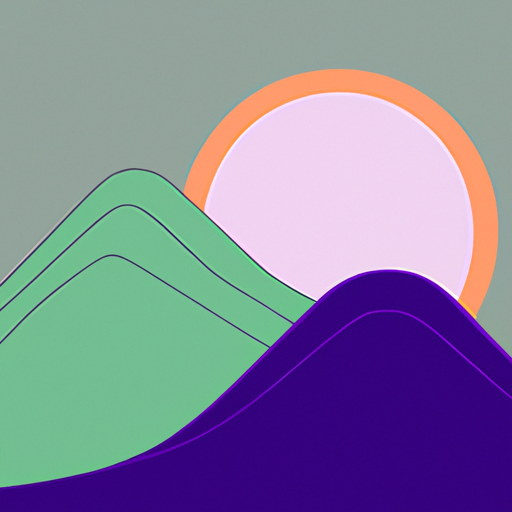 Create a minimalist art style landscape with one mountain in the middle of the picture, fading from light blue to dark green to orange, and ending in purple. Separate the colors with lines. Place an orange sun peeking behind the mountain top, with a light gray background. Background is light gray. High def, 4k, bright colors