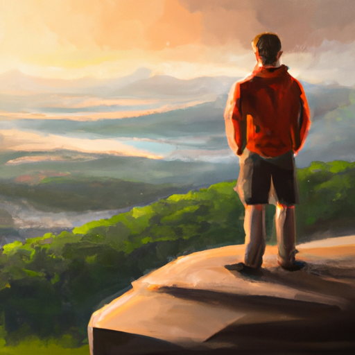 A hiker stands atop a mountain, looking out at the breathtaking view. The sun is setting, casting a warm, orange glow across the horizon. The hiker takes in the beauty of the landscape, feeling a sense of awe and wonder. Create a painting in the style of realism that captures this moment.