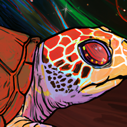 Create a futuristic, psychedelic painting of a turtle with wide eyes. Use a surrealist art style to capture the dream-like atmosphere.