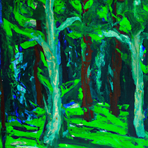 Create a painting of a windy day in a lush green forest. Use impressionism to capture the movement of the wind and the light filtering through the trees. #forest #windyday, gothic, psychedelic, surreal