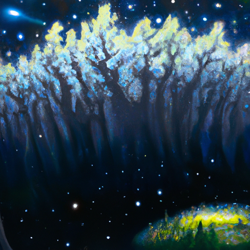 A forest floating in the vastness of space, illuminated by stars and galaxies. A surreal, dreamlike painting in the style of surrealism