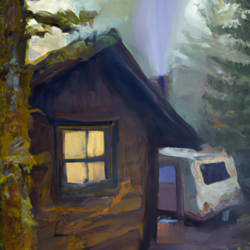 Create a foggy, surreal landscape painting of a cozy wooden cabin in the Oregon woods. Use a mix of watercolor and oil paints to capture the misty atmosphere. van high style