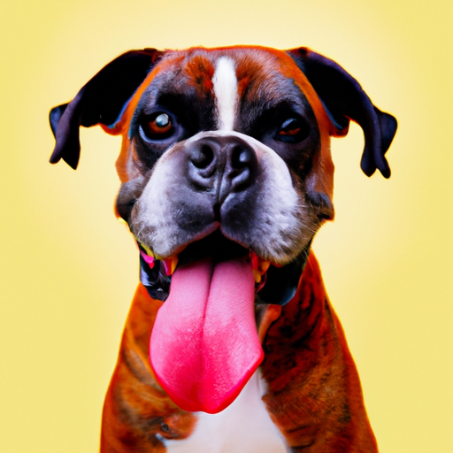 portrait of boxer dog, happy, tongue out, in the style of wes anderson 