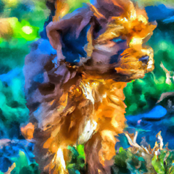 Capture a scene where a charming little puppy, its fur an enticing blend of soft caramel and cream, basks in the golden radiance of the afternoon sun. The puppy's eyes are vivid pools of pure joy, and its cute, wiggly tail oscillates like a metronome in bliss. Render the scene in vibrant impressionistic style, to further accentuate the warmth and fuzziness of the moment.