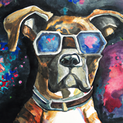 Hipster boxer dog, psychedelic, wide eyes, staring out at space, futuristic, high angle, defined eyes, watercolor painting

