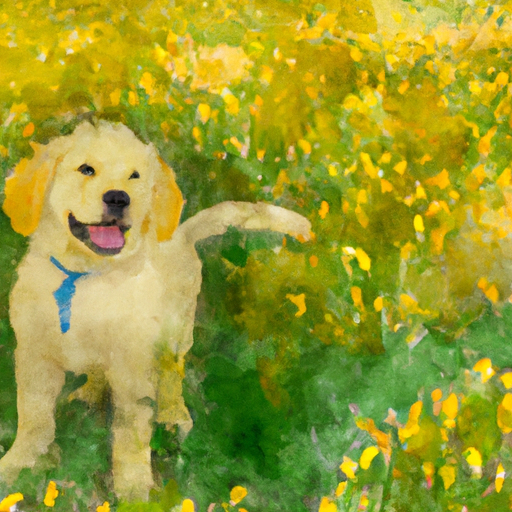 Create a painting of a cute puppy outside in a field of wildflowers. The puppy should be a golden retriever with a big, fluffy tail and a bright, happy expression. The background should be a bright, sunny day with a light breeze blowing through the wildflowers. Use a watercolor art style to capture the beauty of the scene.