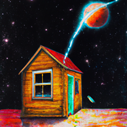 A house floating in the vastness of space, illuminated by stars and galaxies. A surreal, dreamlike painting in the style of surrealism. #surrealism