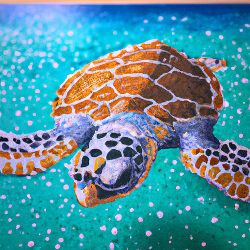 Create a painting of a cute baby sea turtle swimming in a vibrant, tropical ocean. Use pointillism to capture the beauty of the sea and the turtle's graceful movements. #ocean #turtle #pointillism