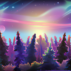 Oregon forest, brilliant stars, vibrant colors, Monet, 8k resolution, ultra hd, vector graphics, whimsical, serene, panoramic, landscapes, digital art